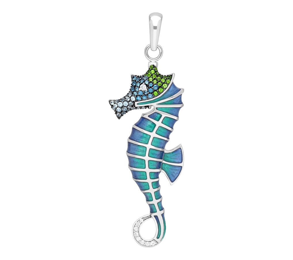 Ariva Sterling Silver Gemstone & Enamel Seahorse Pin Pendant