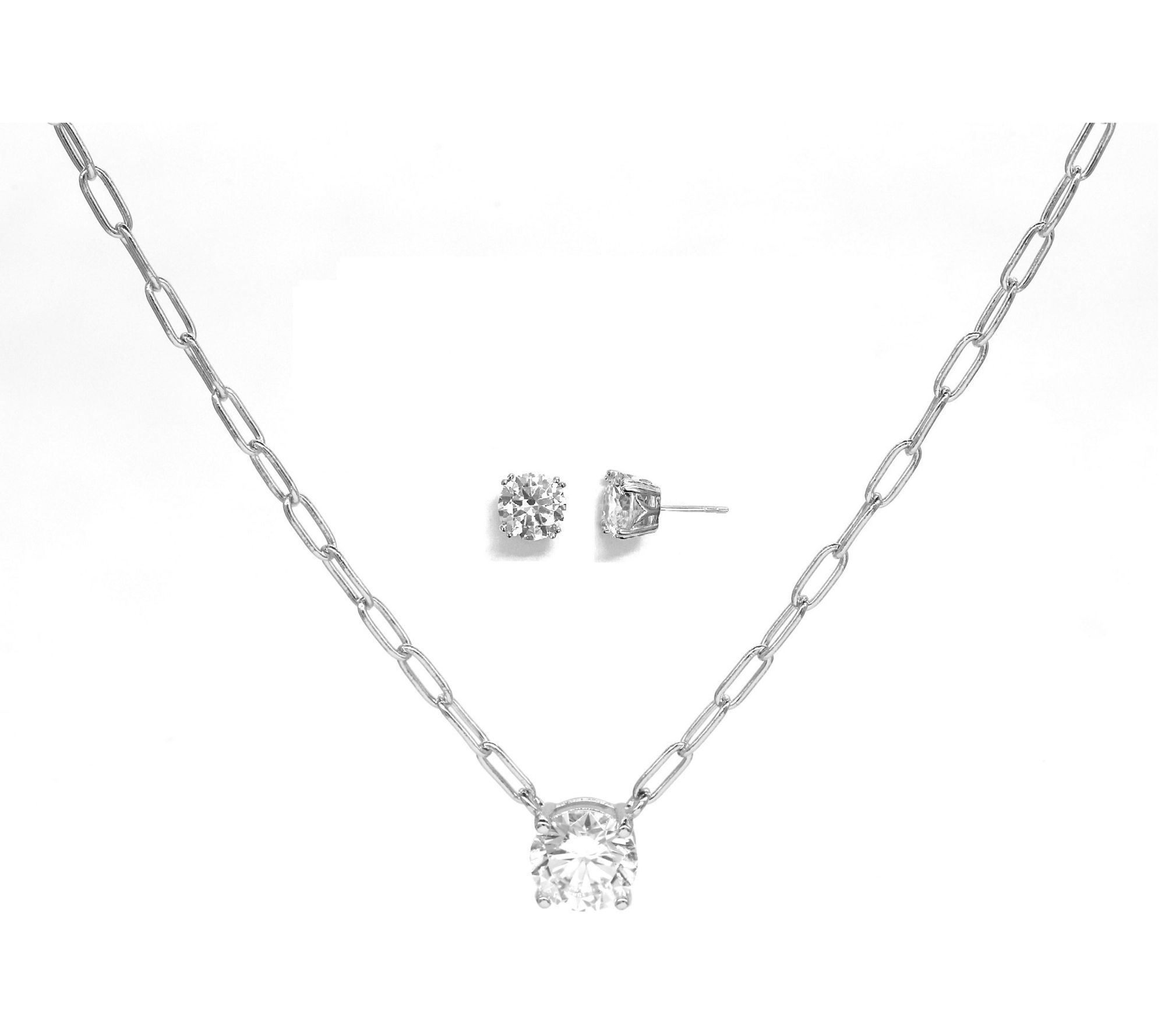 Diamonique Solitaire Necklace & Stud Earring Set, Sterling