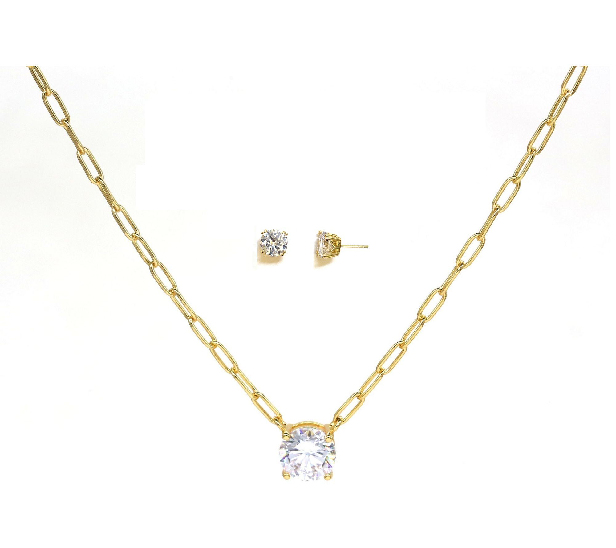 Diamonique Solitaire Necklace & Stud Earring Set, Sterling