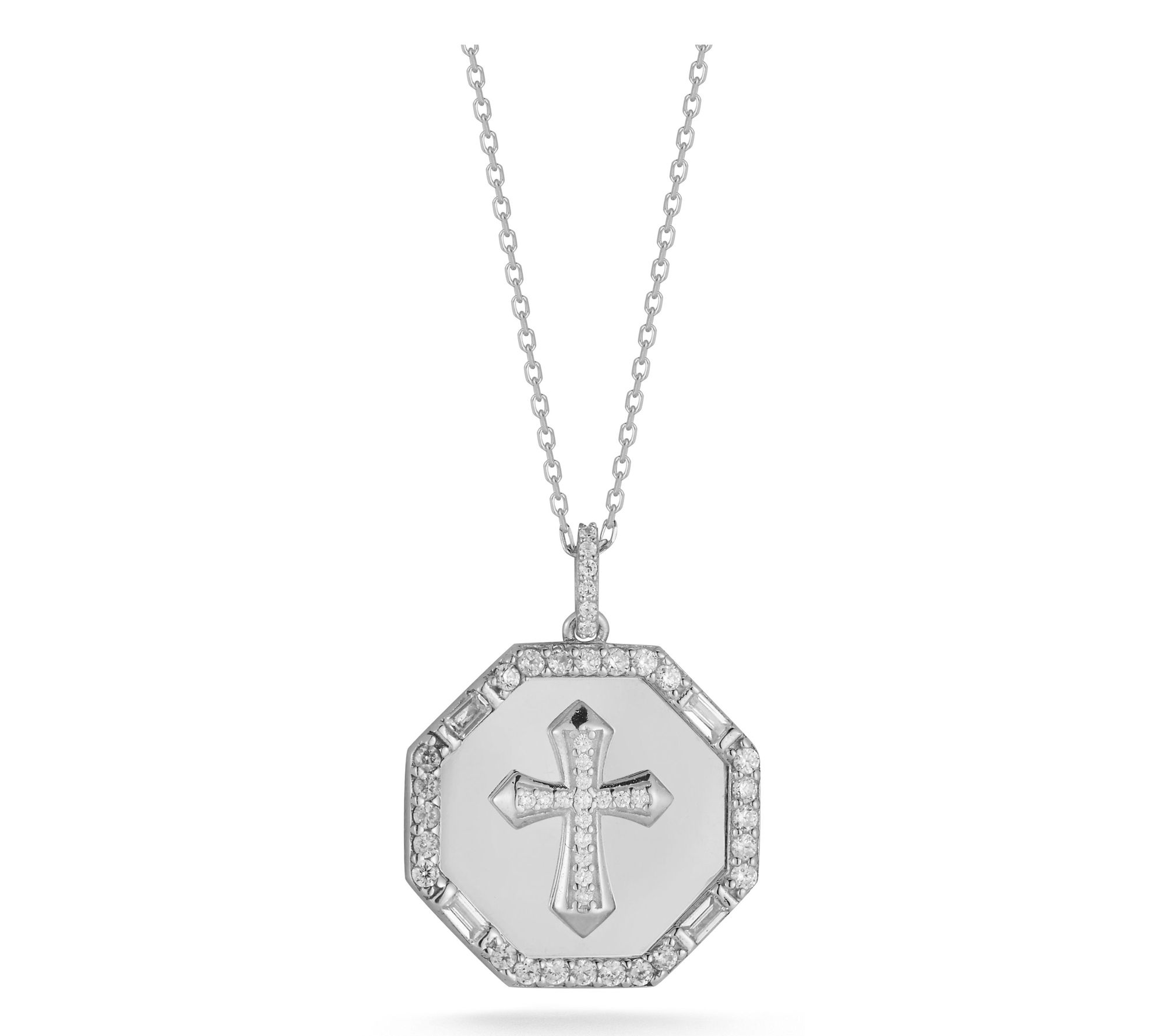 Sterlina Silver Pave Cross Octagon Pendant w/ Chain, Sterling