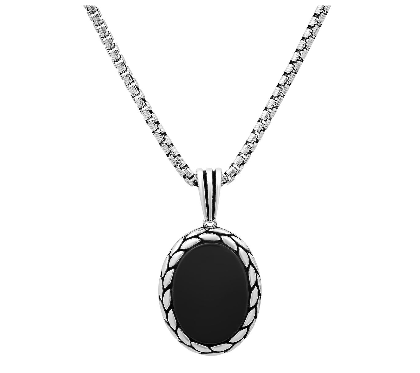 Silver Style Men's Oval Onyx Pendant w/ Chain,Sterling