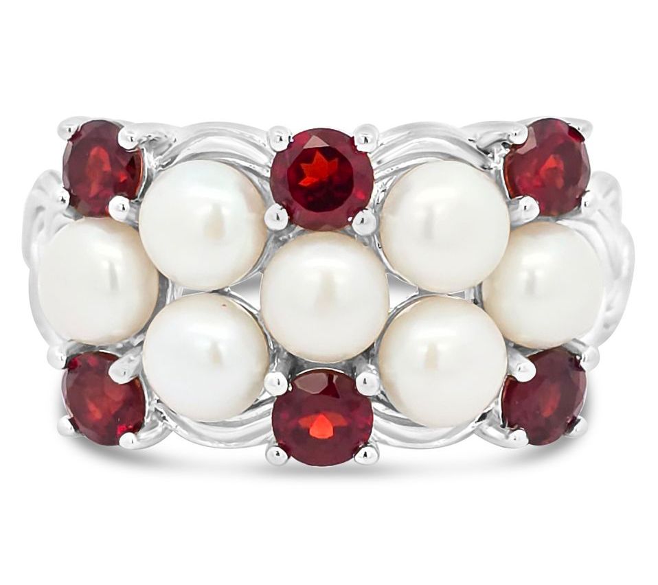 Ariva Sterling Silver Pearl & Garnet Newport Ring