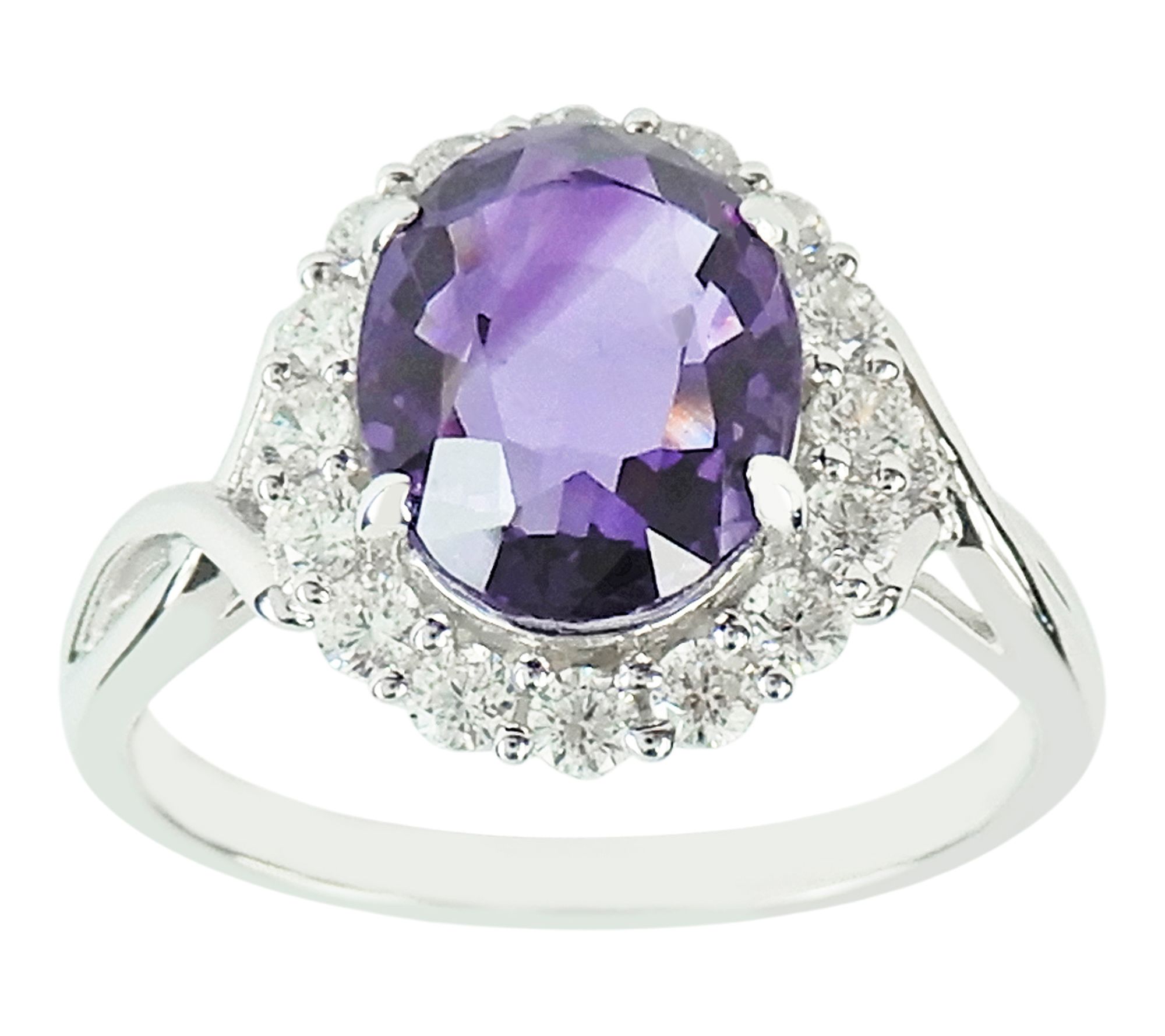 Diamonique & Amethyst Halo Ring, Sterling Silver