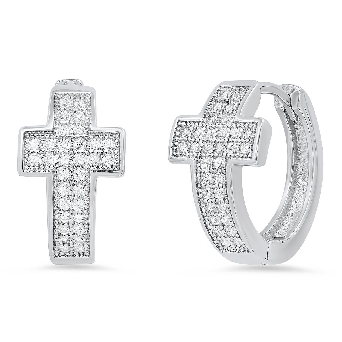 Silver Style Pave Cross Hoops Earring, Sterling