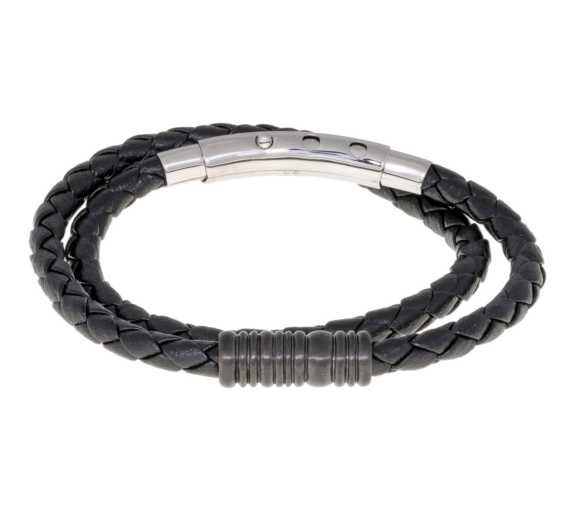 LYNX Men's Stainless Steel & Black Braided Leather Bracelet
