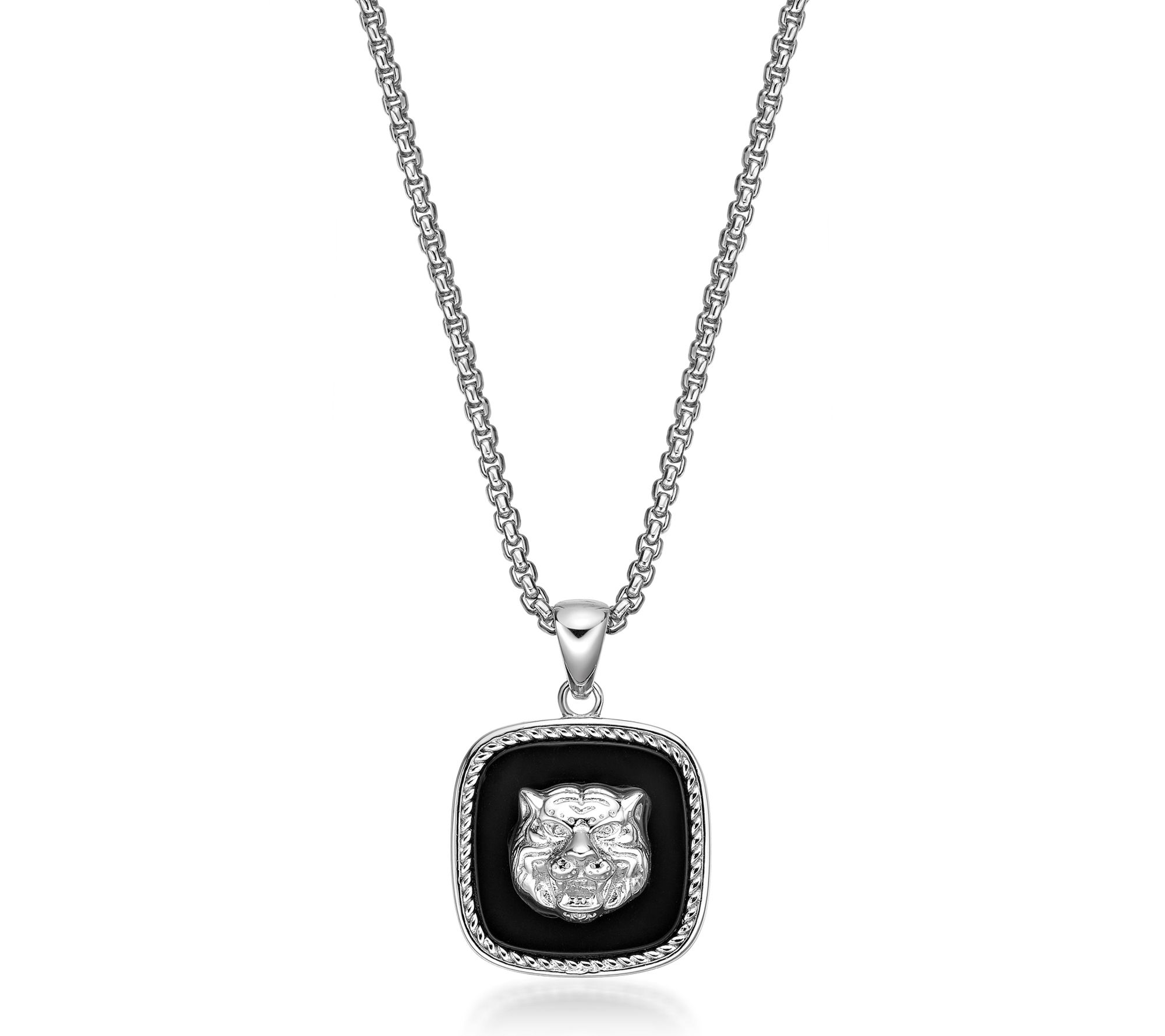 LYNX Men's Black Agate Lion Head Pendant w/ Chain, Sterling