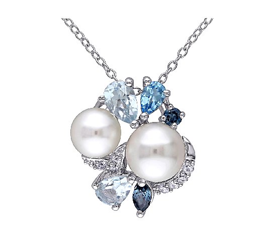 Sterling Blue Multi-Gemstone & Cultured Pearl Cluster Pendant