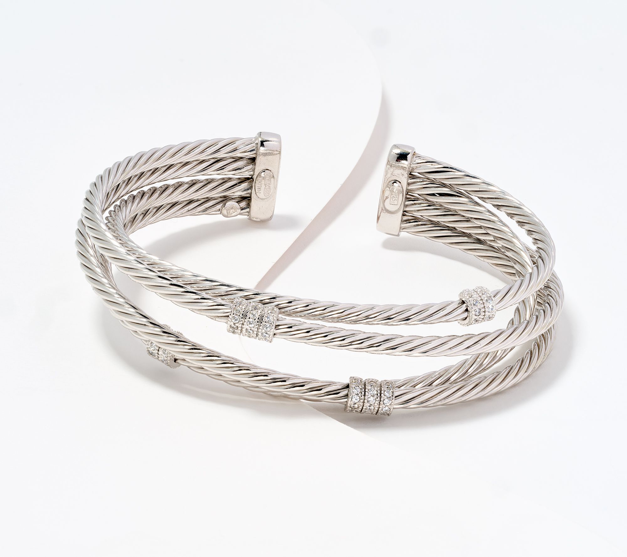 "As Is" David Markstein Sterling Silver CZ Station Textured Cuff