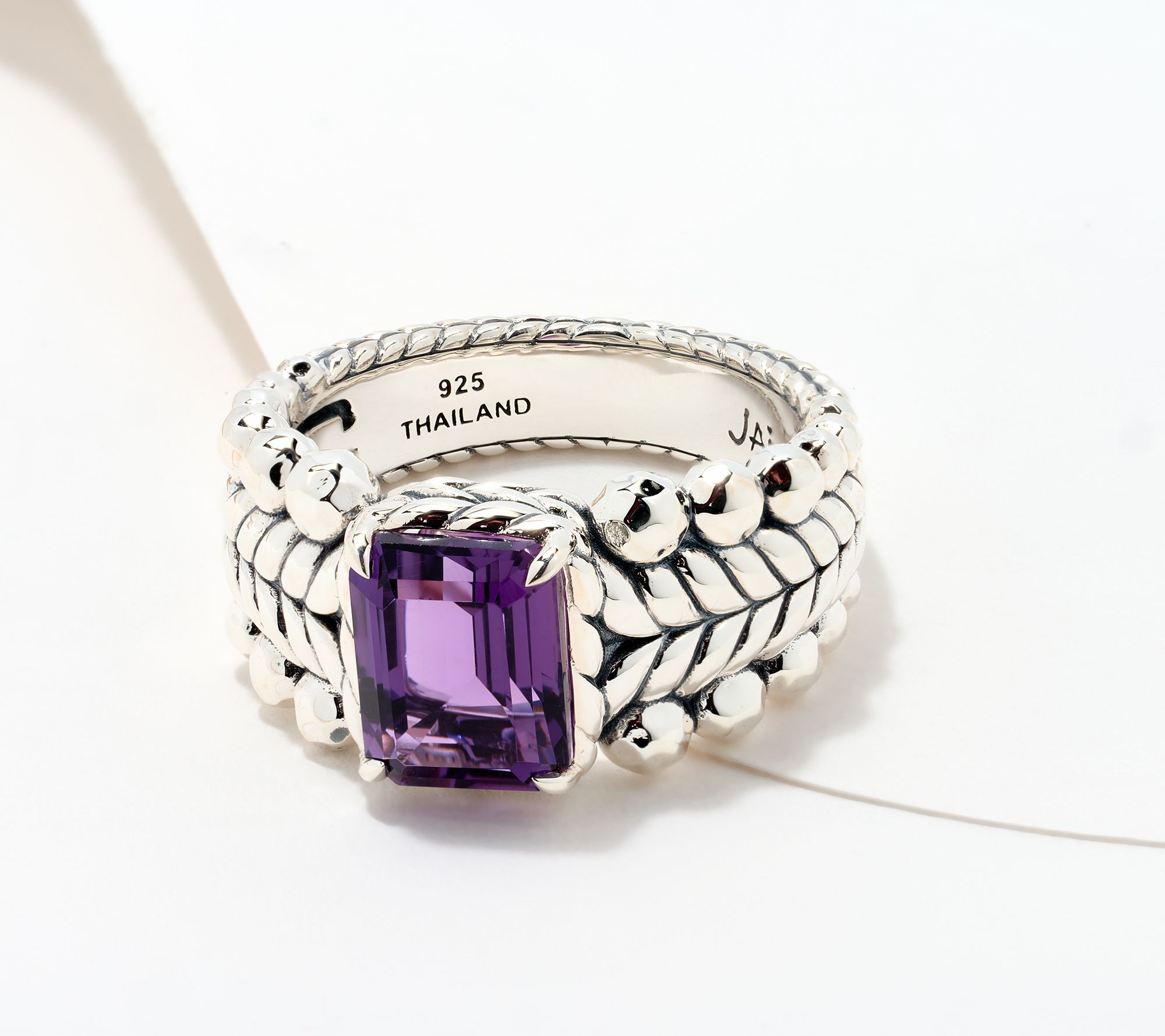 JAI Sterling Silver Emerald Cut Gemstone Bead Ring