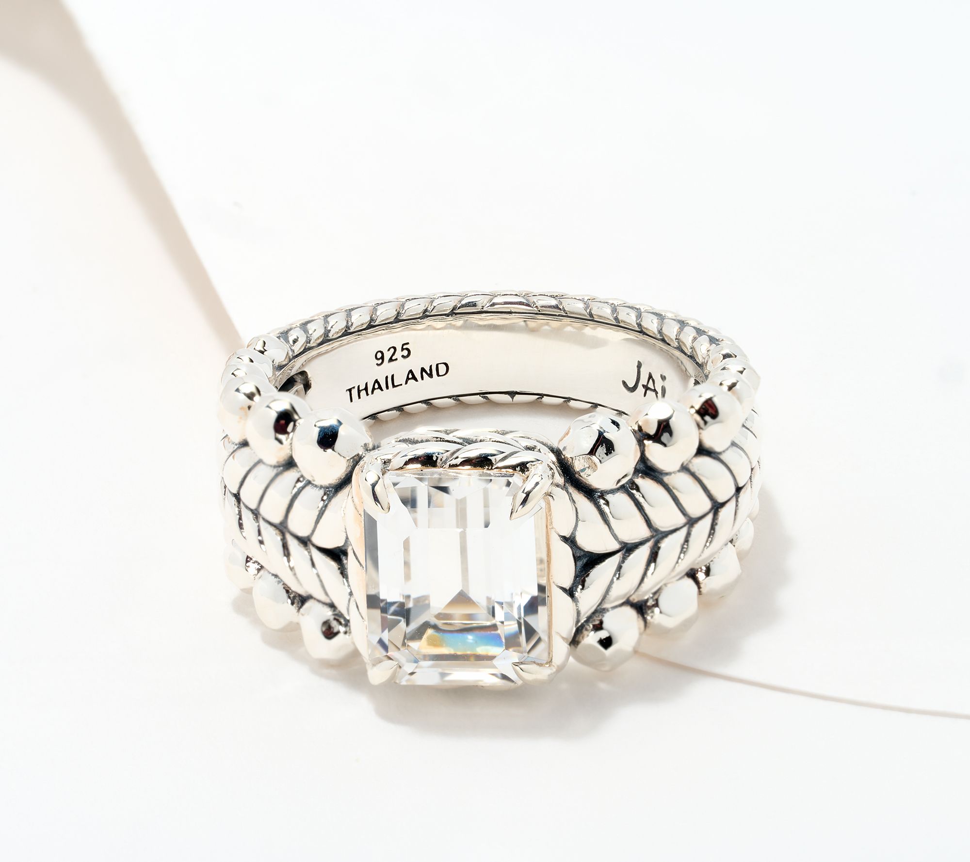 JAI Sterling Silver Emerald Cut Gemstone Bead Ring