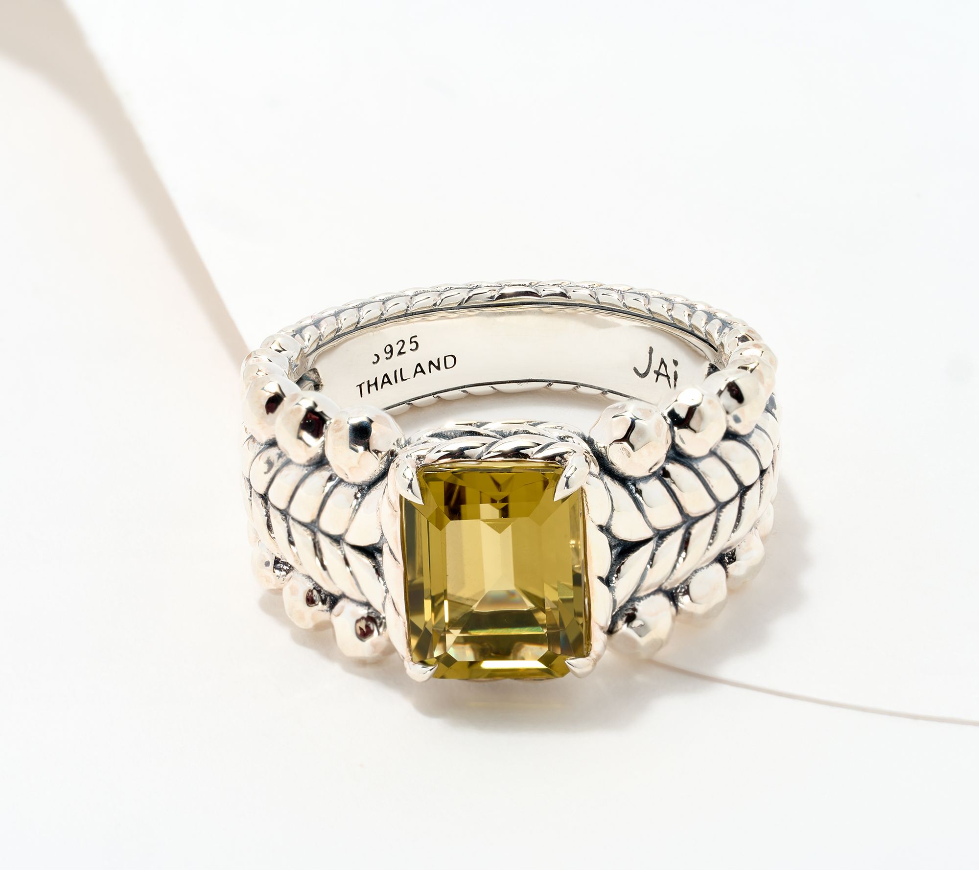 JAI Sterling Silver Emerald Cut Gemstone Bead Ring