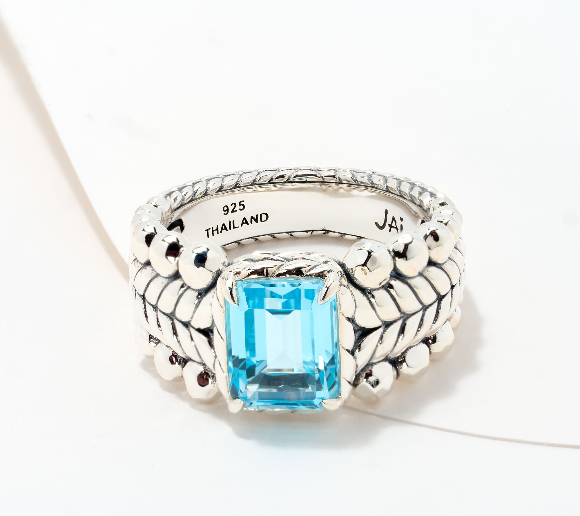 JAI Sterling Silver Emerald Cut Gemstone Bead Ring