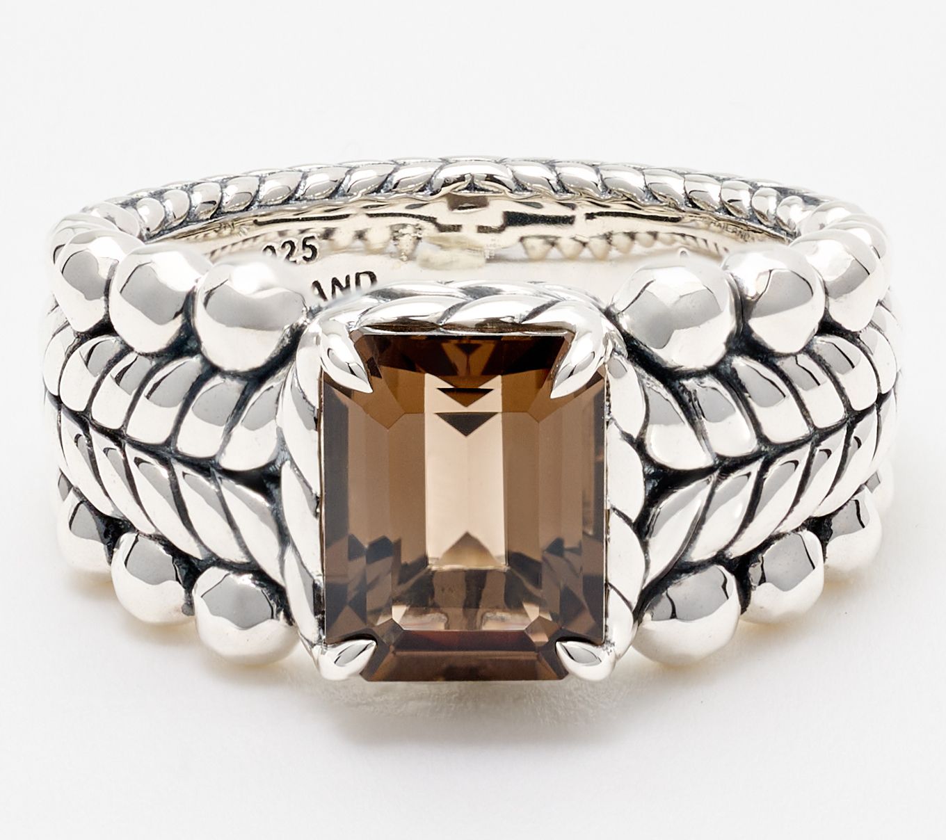 JAI Sterling Silver Emerald Cut Gemstone Bead Ring