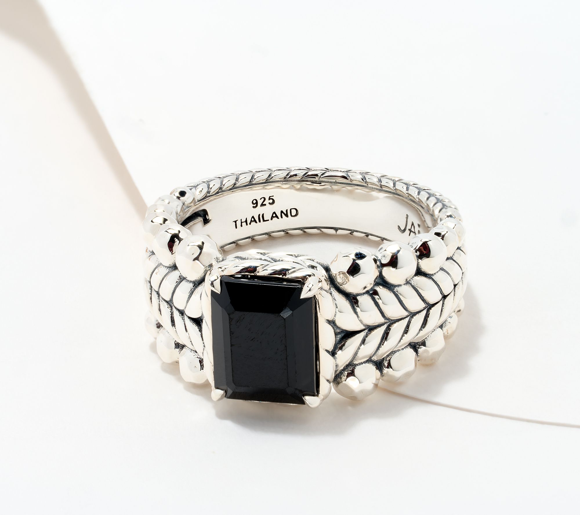 JAI Sterling Silver Emerald Cut Gemstone Bead Ring