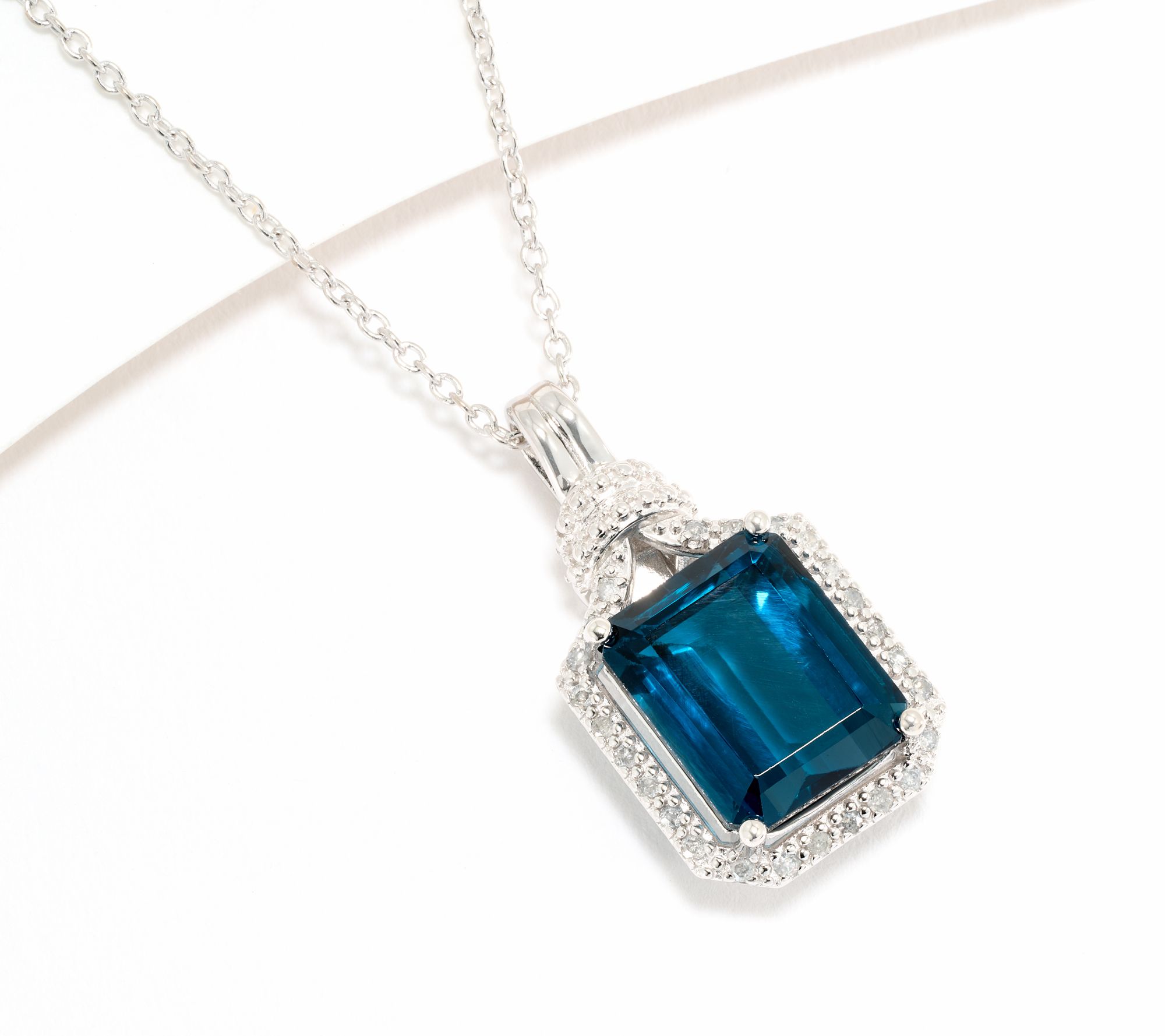 Affinity Gems Emerald London Blue Topaz & Diamond Pendant W/ Chain, Sterl
