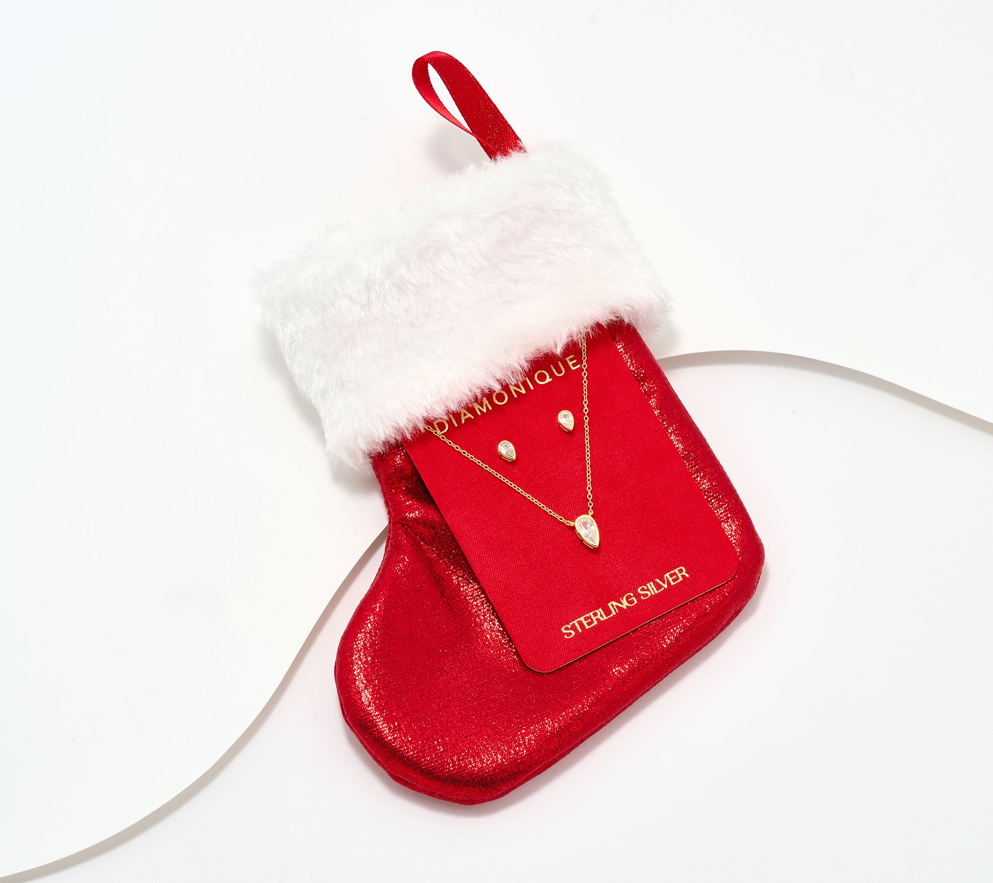 Diamonique Necklace & Stud Earrings Boxed Set, 14K Gold Plated