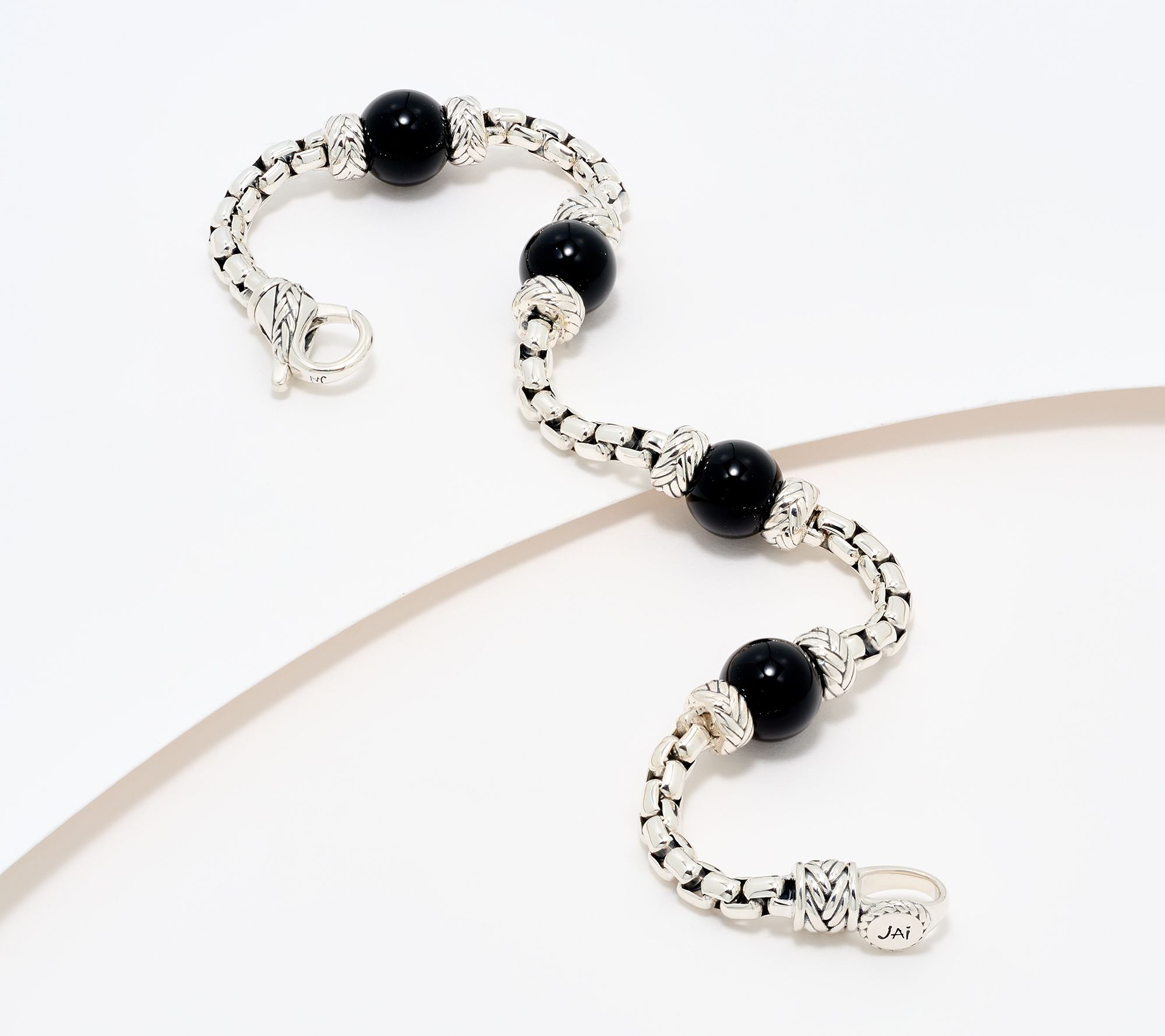 JAI Sterling Silver 3.7mm Box Chain Gemstone Bead Lotus Bracelet