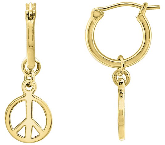 Peace Love World Peace Dangle Hoop Earrings, 14K Clad