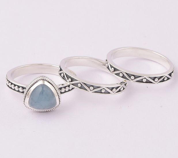 Artisan Crafted Sterling Milky Aquamarine Stackable Ring Set