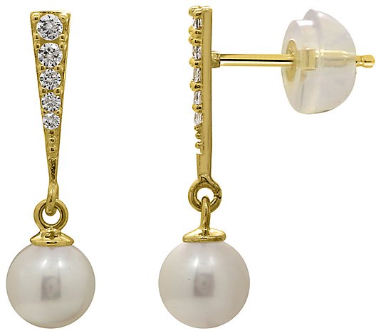 Diamonique 0.15 cttw Dangle Cultured Pearl Earrings, 14K Gold