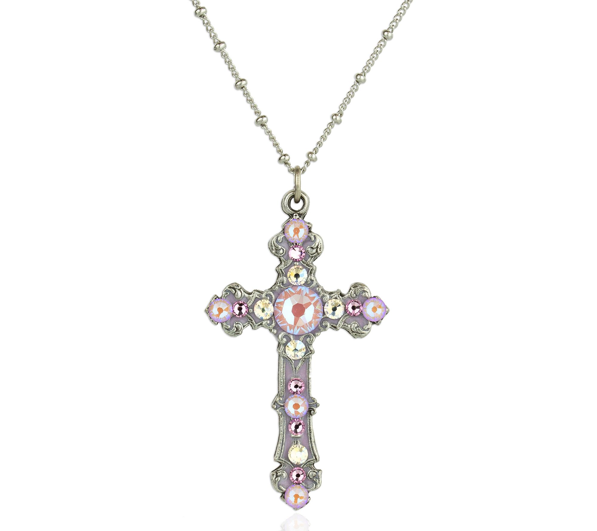 Anne Koplik Iced Pink Enamel & Crystal Cross Pe ndant w/ Chain