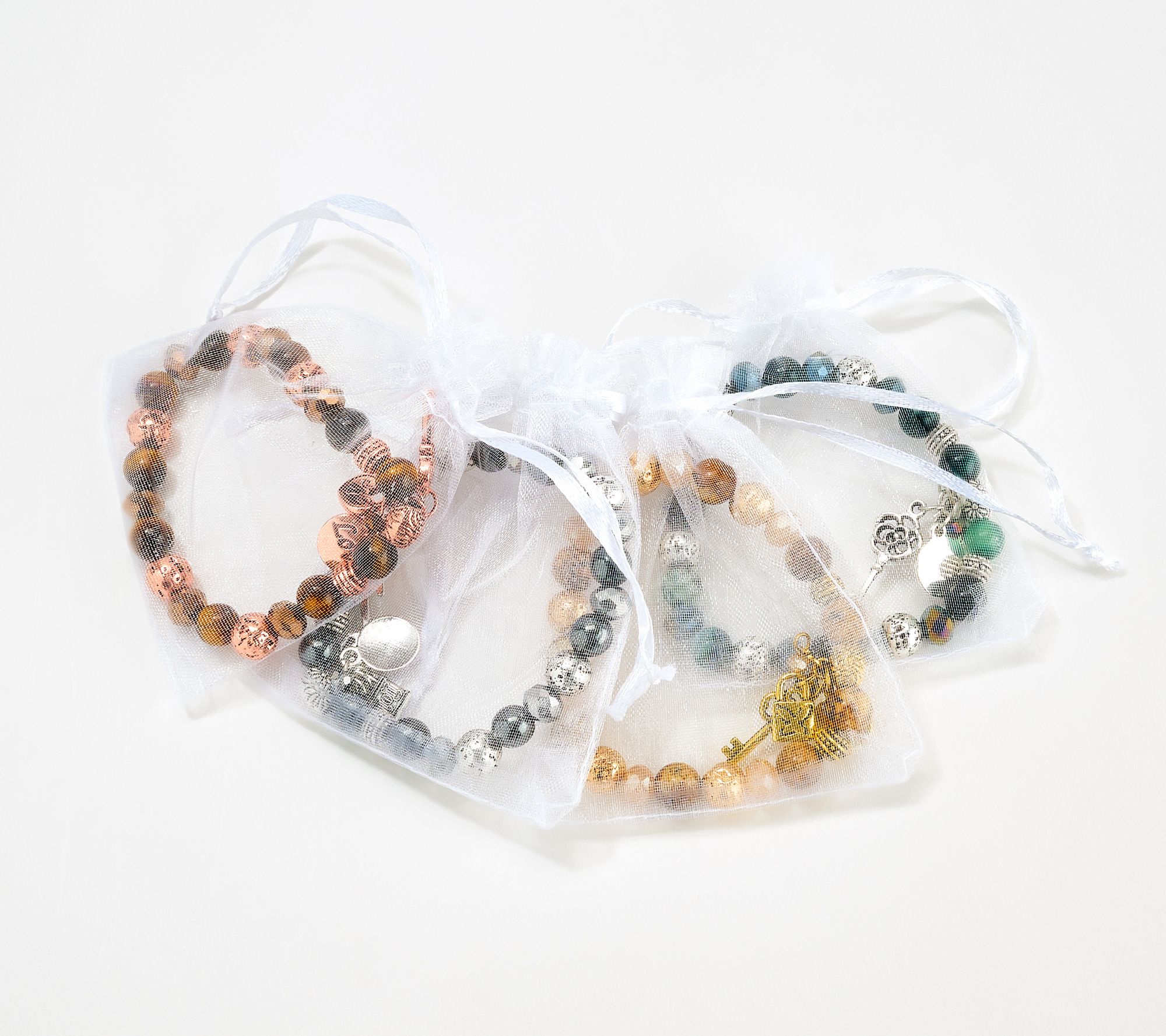 Set of 4 Gemstone & Lava Lock & Key Charm Bracelet w/ Organza Bag 