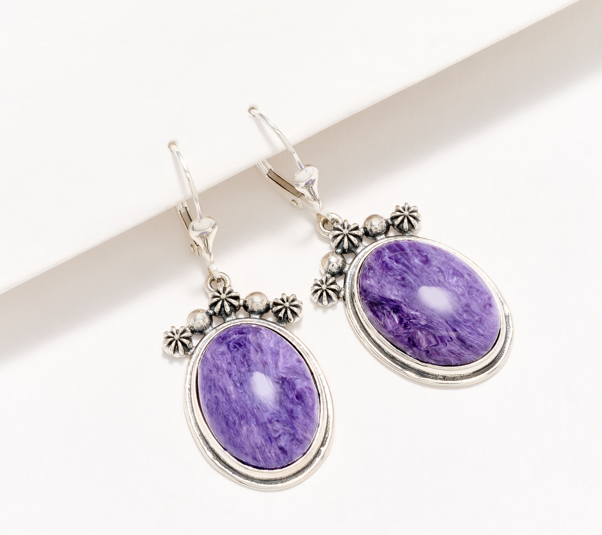 American West Sterling Silver Oval Gemstone Concha Lever Back Earrings