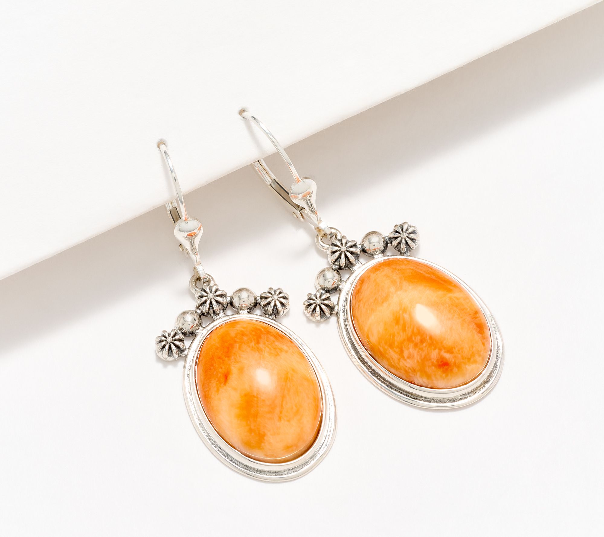 American West Sterling Silver Oval Gemstone Concha Lever Back Earrings