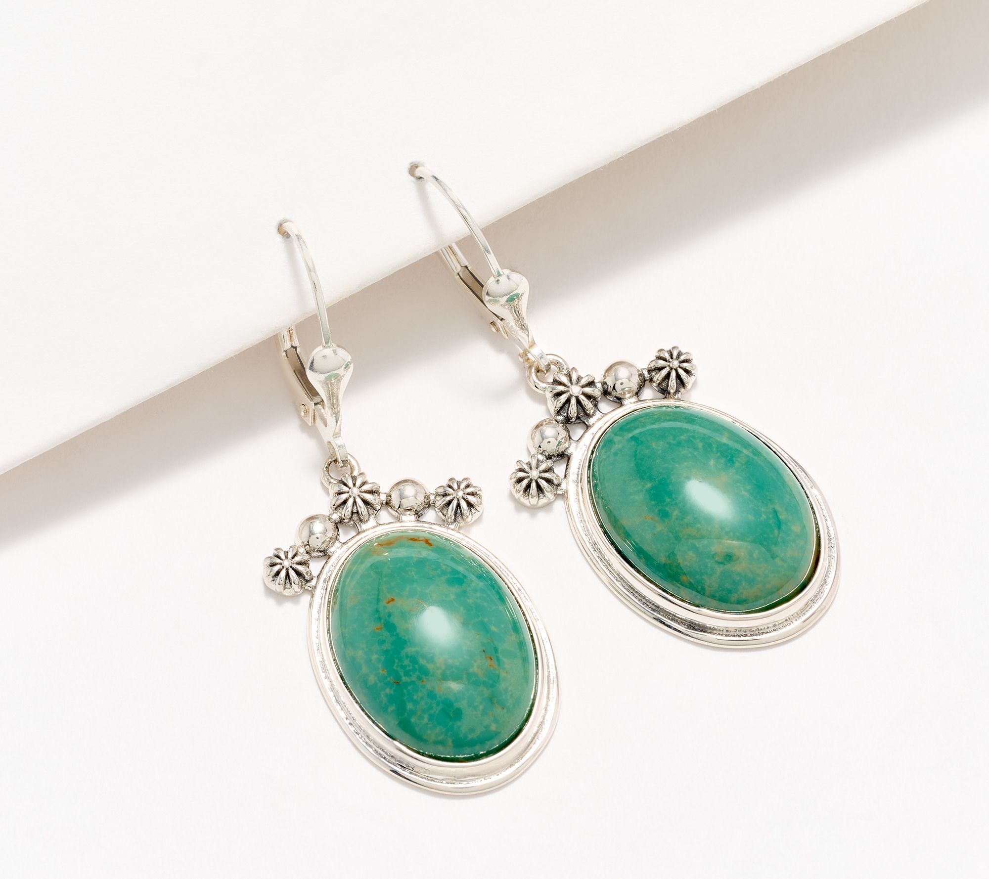 American West Sterling Silver Oval Gemstone Concha Lever Back Earrings