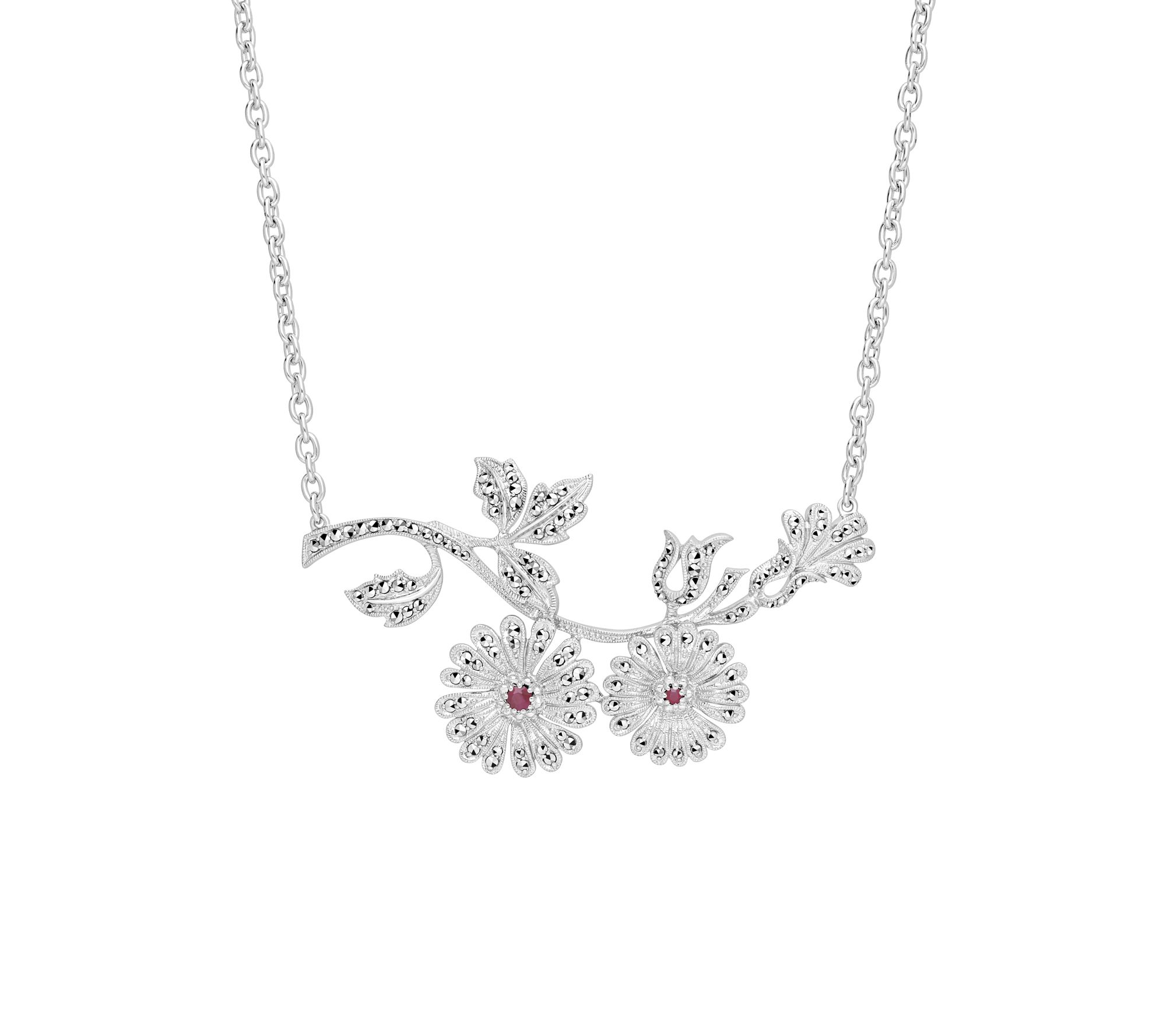 Dallas Prince Sterling Ruby & Marcasite FloralVine Necklace