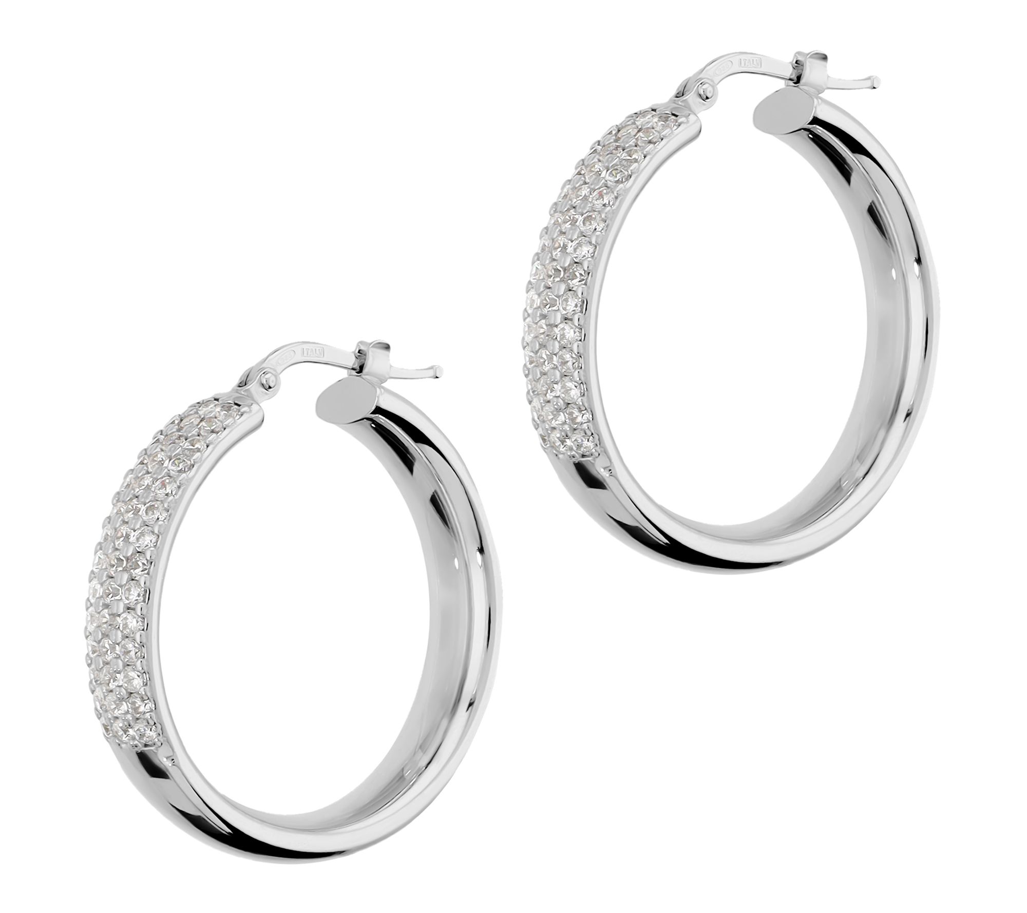 Diamonique Italia Polished & Pave Round Hoop Earrings
