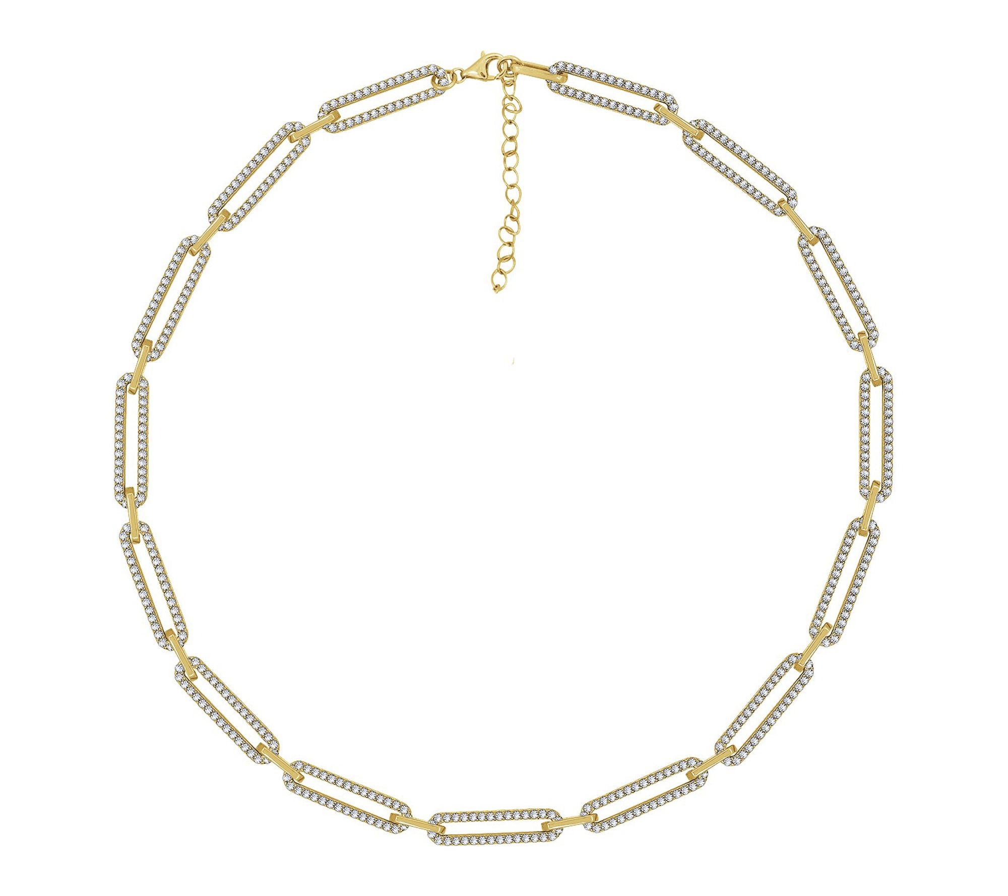 Diamonique Pave Flat Oval Link Chain Necklace , 14K Gold Plat