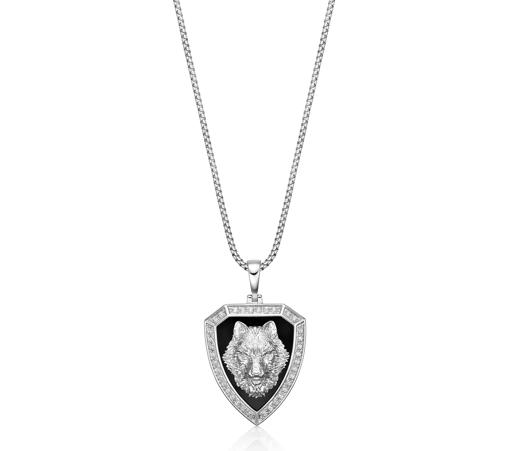 LYNX Men's Black Onyx & Diamond Wolf Shield Pendant w/ Chain