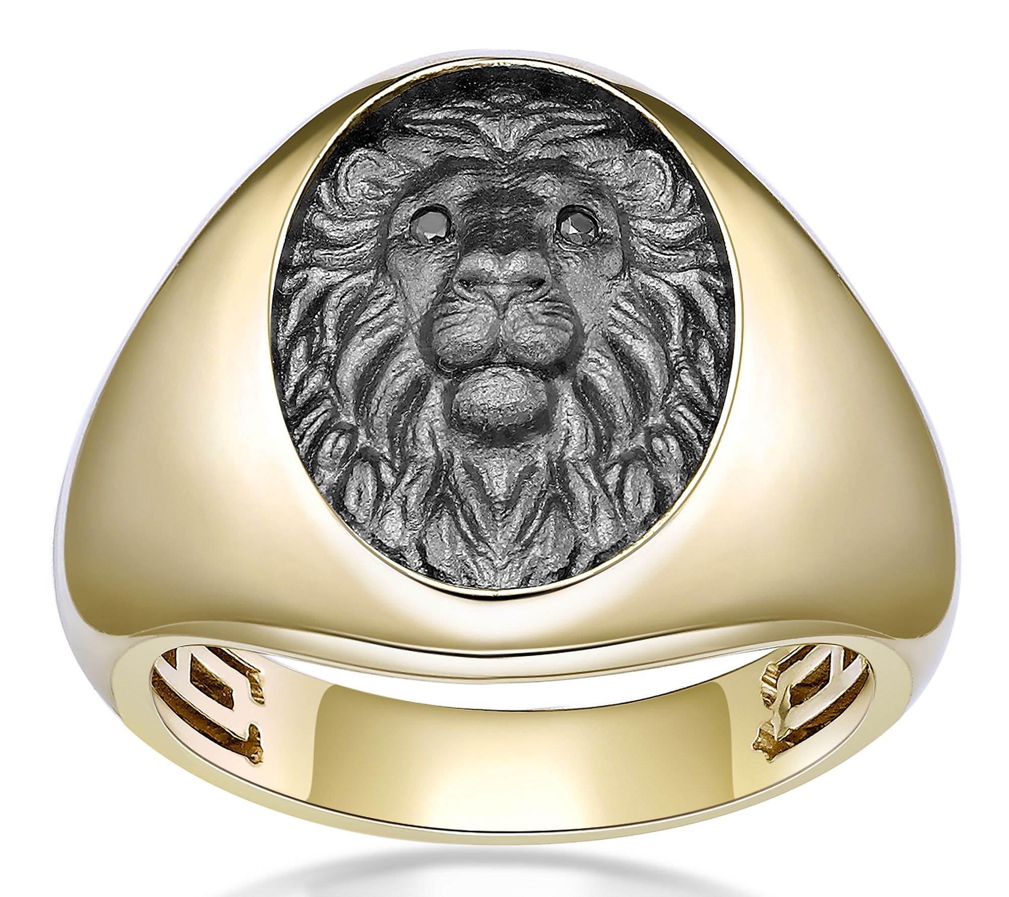 LYNX Men's 14K Gold Plated Black Diamond CarvedLion Ring