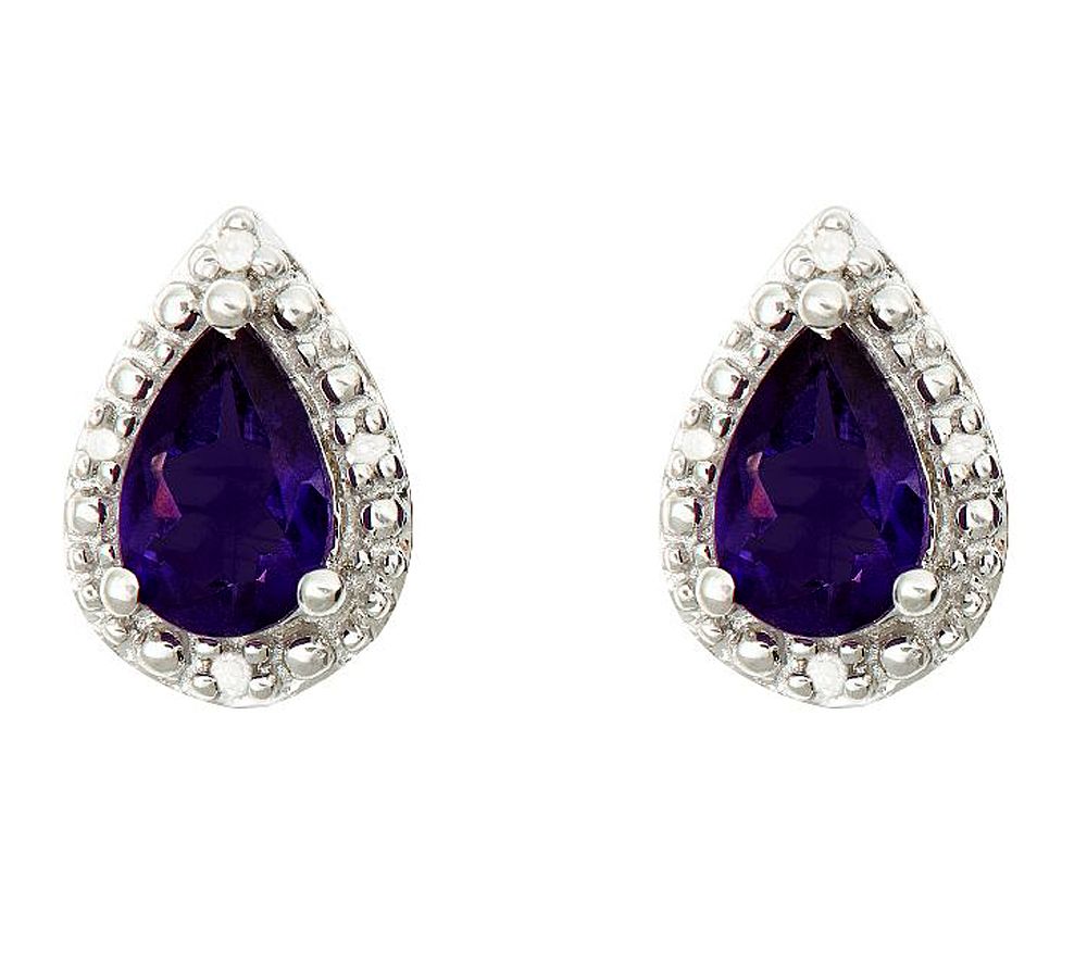 Sterling Pear-S haped Gemstone Stud Earrings w / Diamond Accen