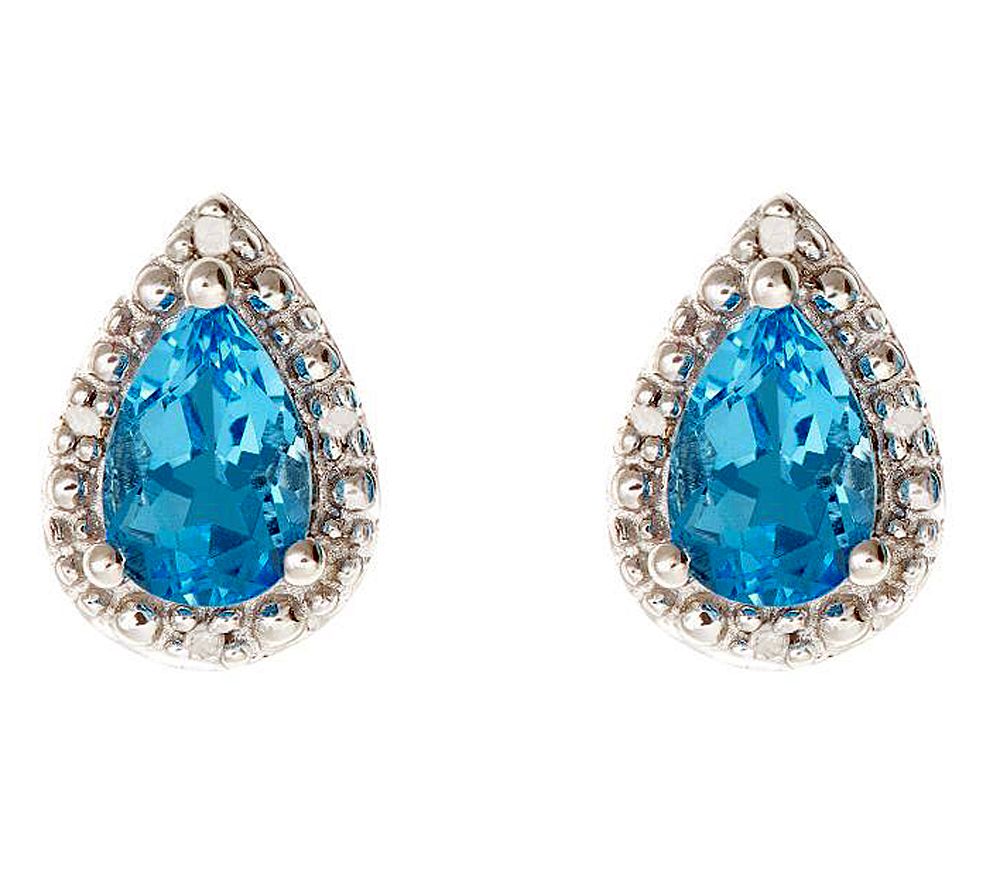 Sterling Pear-S haped Gemstone Stud Earrings w / Diamond Accen