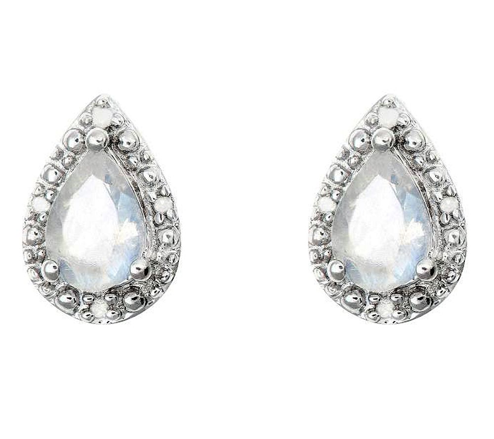 Sterling Pear-S haped Gemstone Stud Earrings w / Diamond Accen