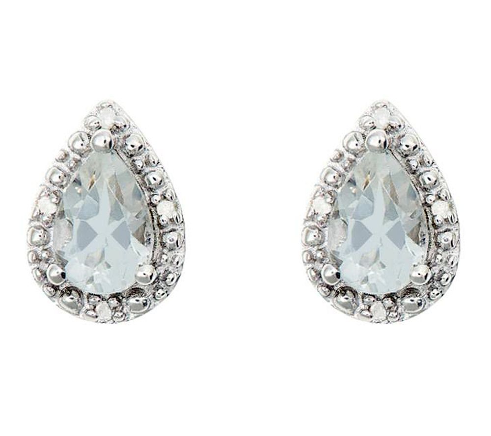 Sterling Pear-S haped Gemstone Stud Earrings w / Diamond Accen