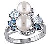 Sterling Blue Multi-Gemstone & Cultured Pearl Cluster Ring