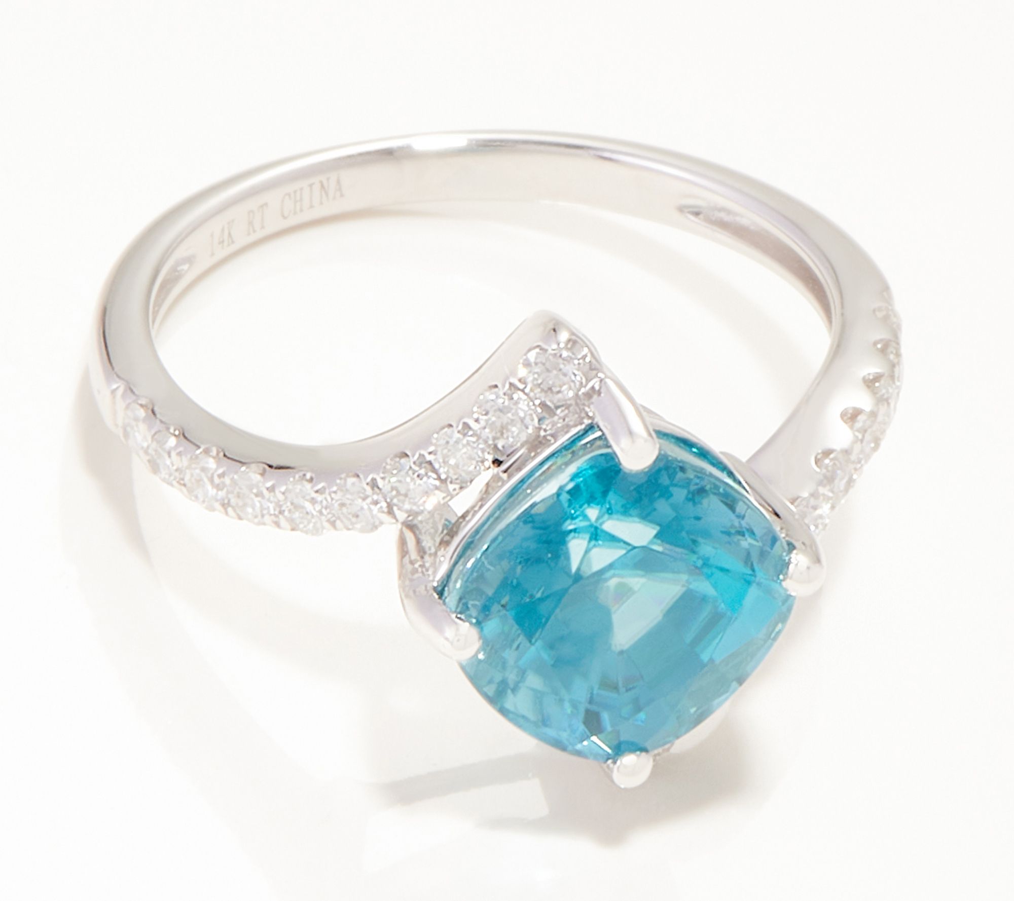 14K Gold Cushion Cut Blue Zircon & Diamond Ring, 3.25 cttw - QVC.com
