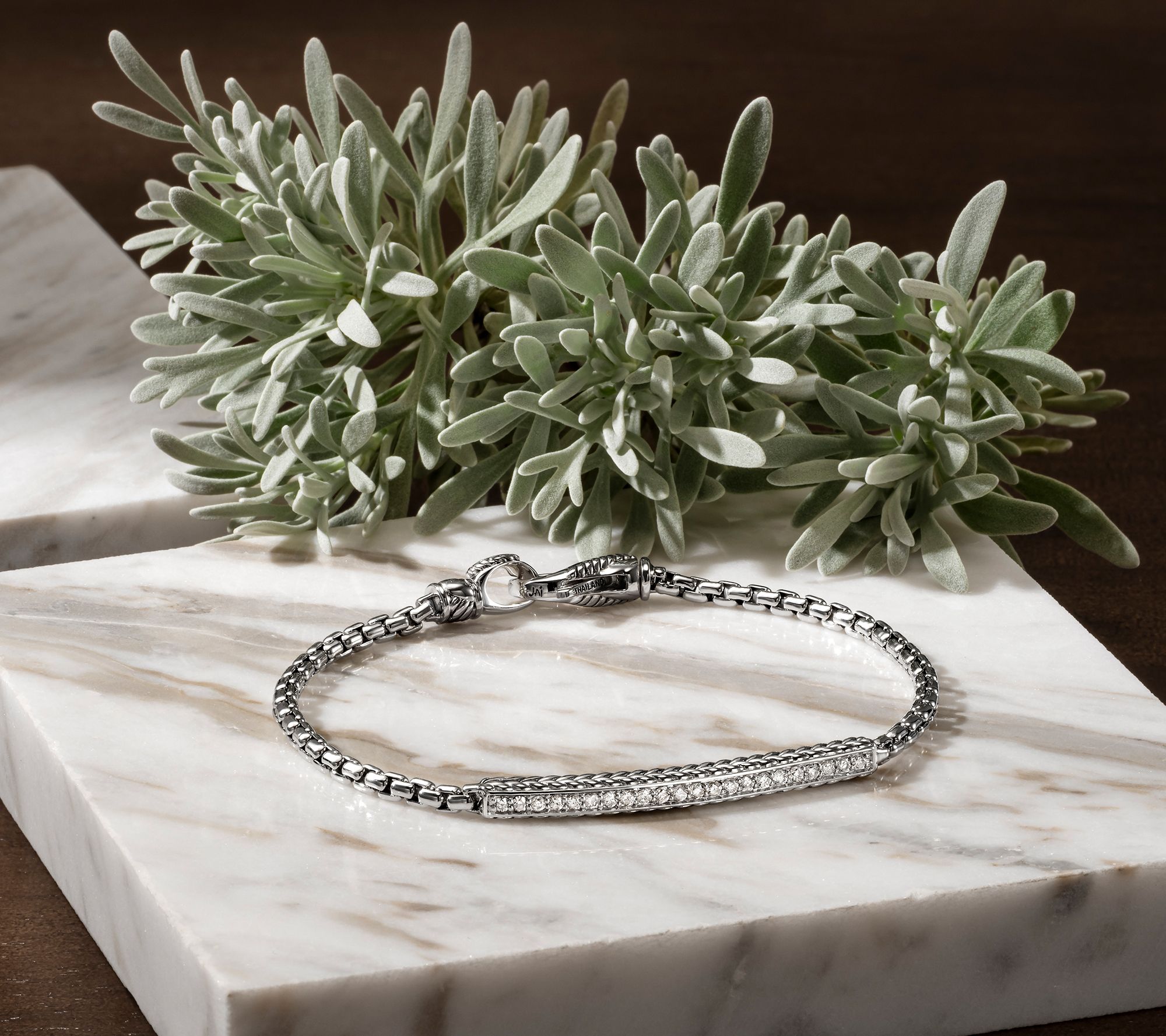 JAI Sterling Silver Diamond Station Linear Box Chain