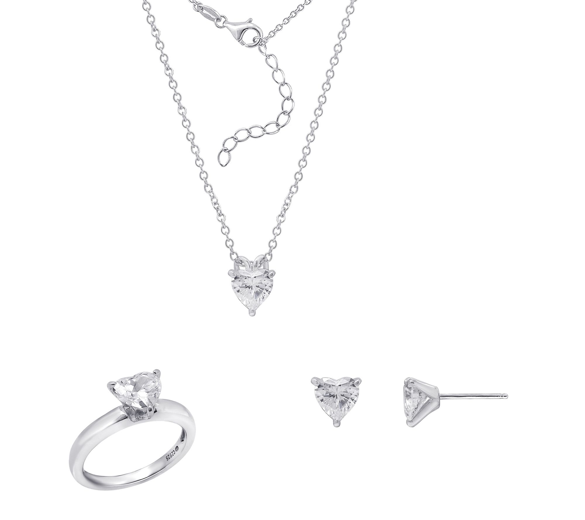 Diamonique Heart Cut Necklace, Earrings and Ring Set, Sterling