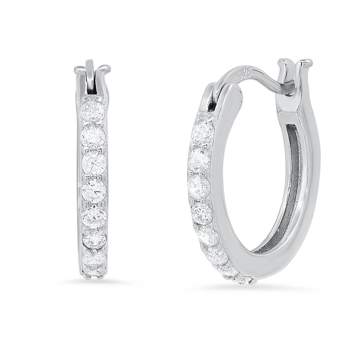 Silver Style Pave Thin Hoops Earring, Sterling