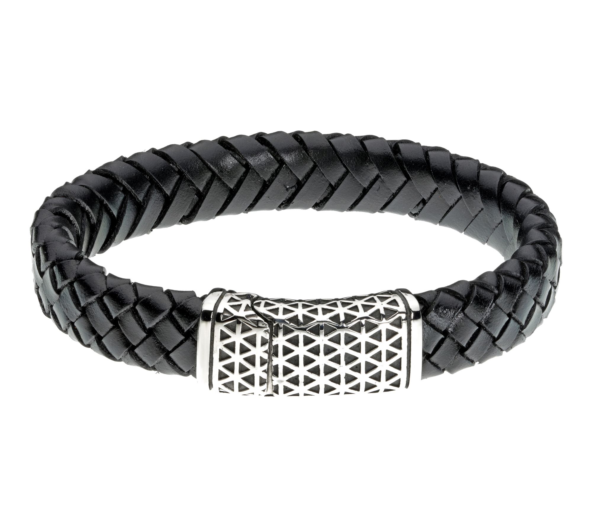LYNX Men's Stainless Steel Black Woven LeatherBracelet