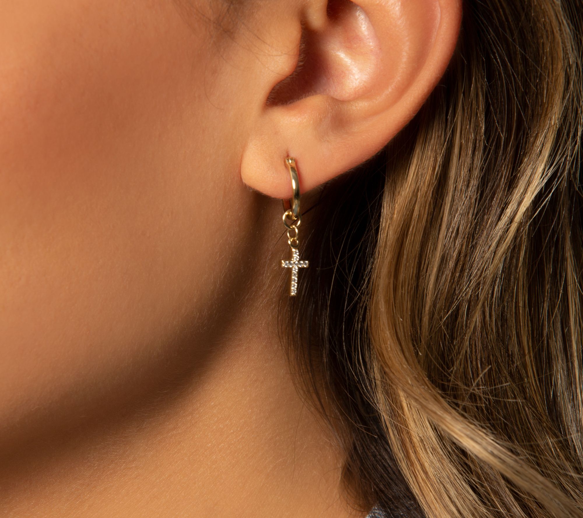 Cross J-Hoop Earrings In 14K Rose Gold