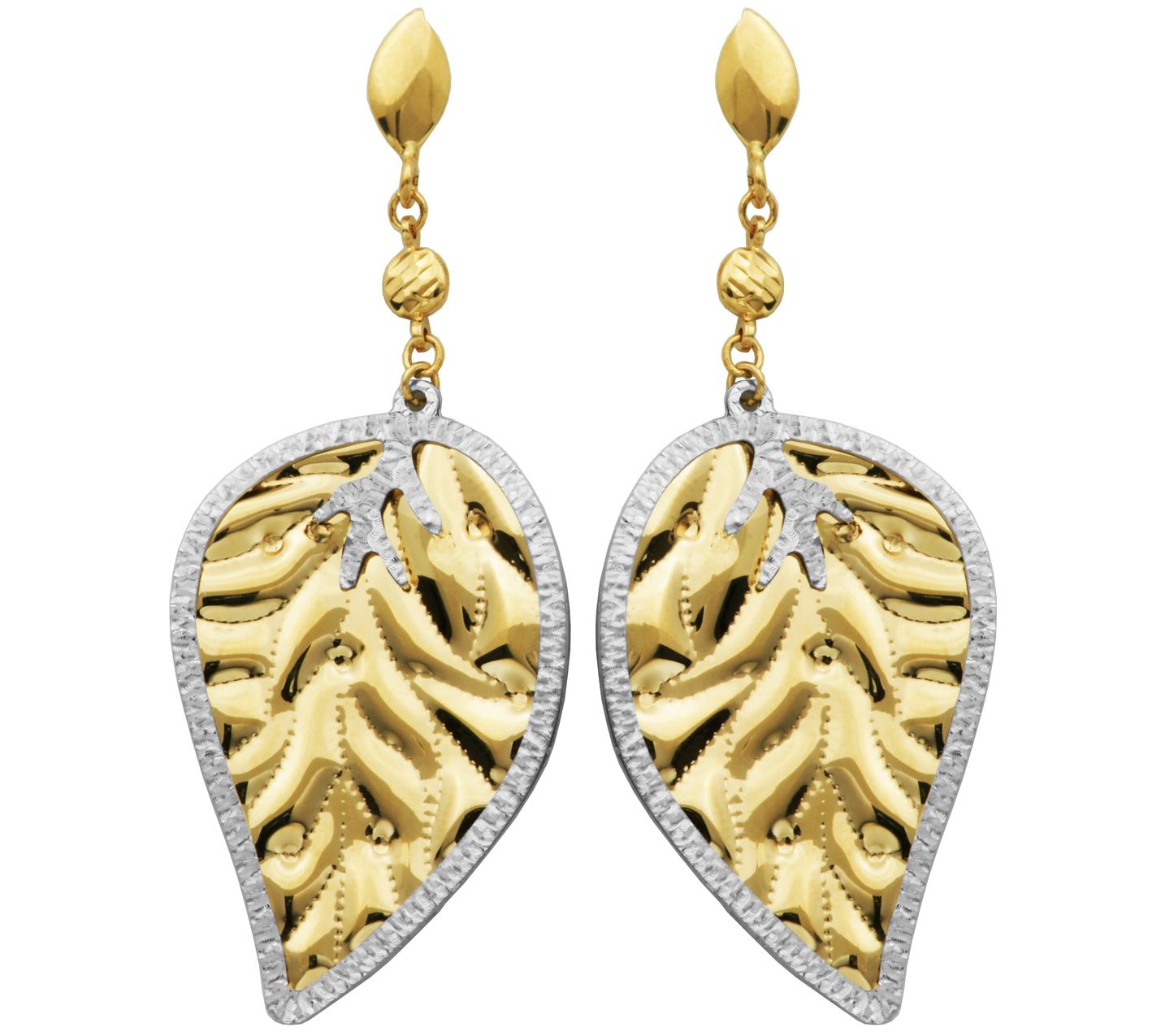 14K Gold Two-Tone Texture Leaf Dangle Earrings - QVC.com