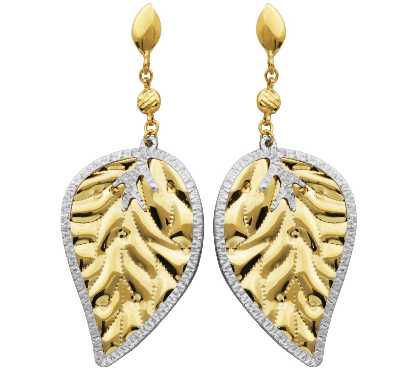 14K Gold Two-Tone Texture Leaf Dangle Earrings