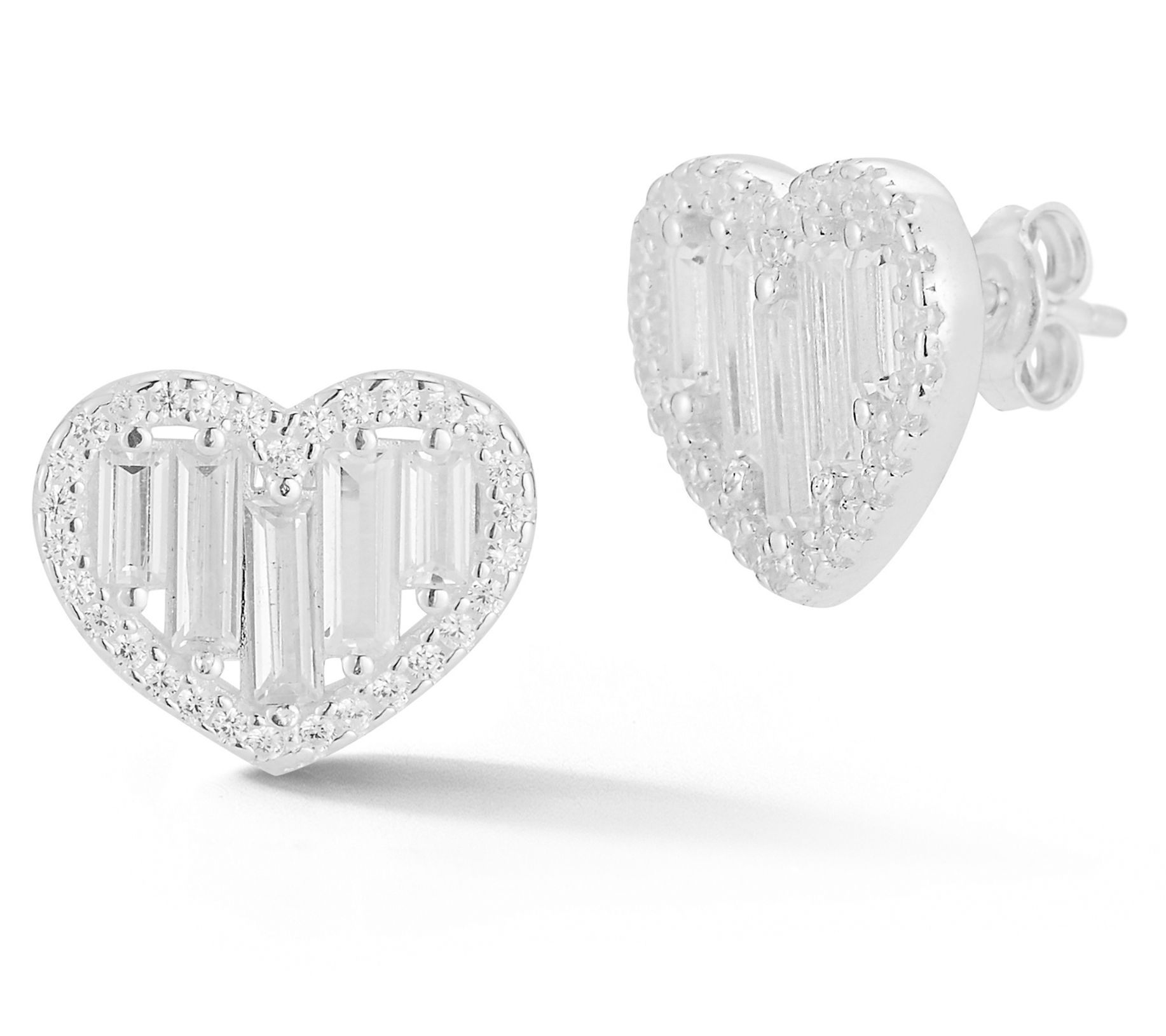 Sterlina Silver Baguette Heart Stud Earrings, Sterling