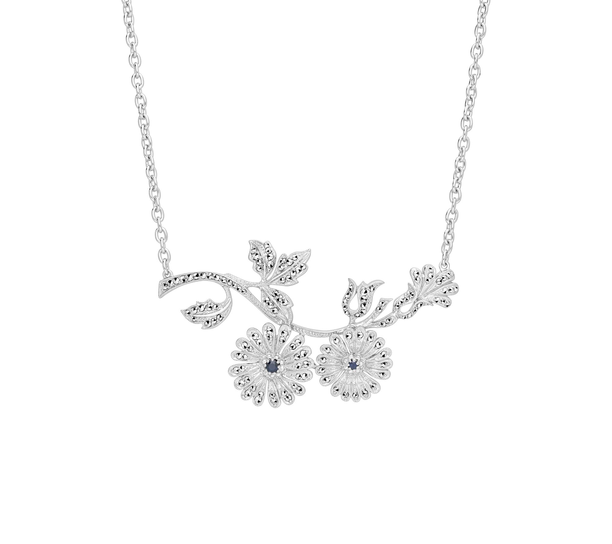 Dallas Prince Sterling Sapphire & Marcasite Floral Necklace