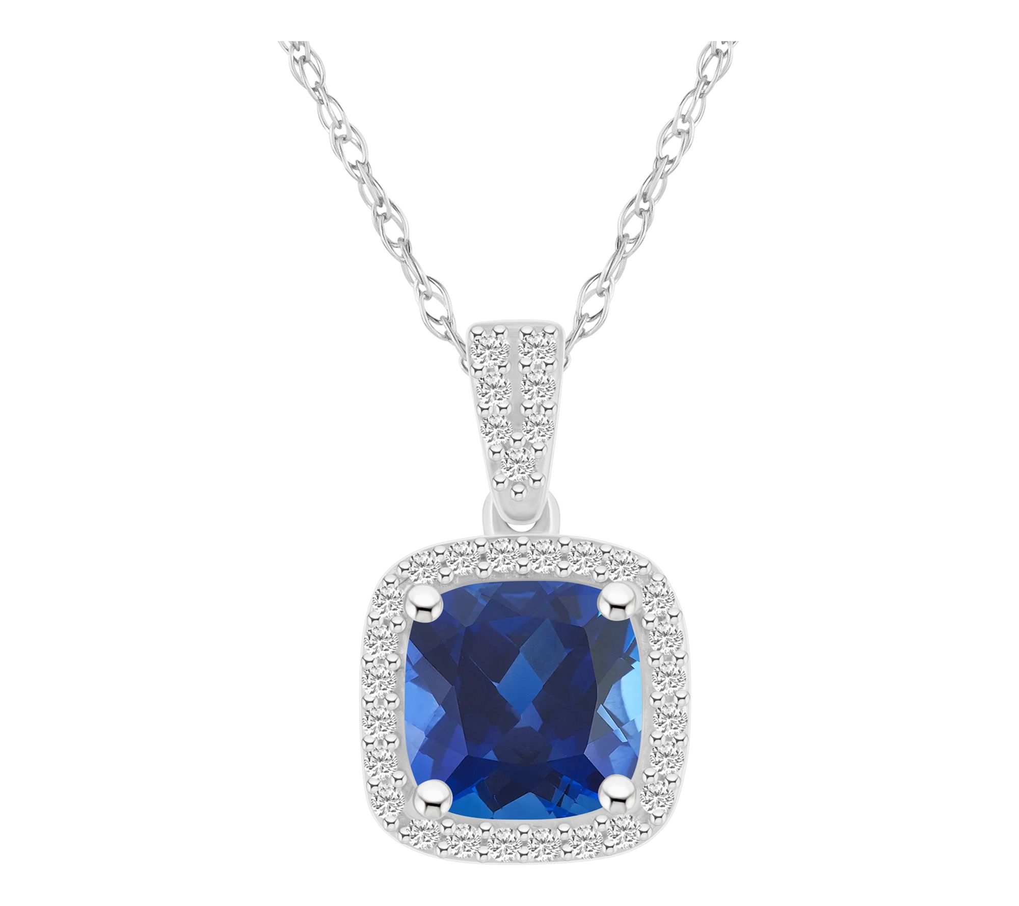 Affinity Gems Cushion Created Gemstone Halo Necklace, 10K